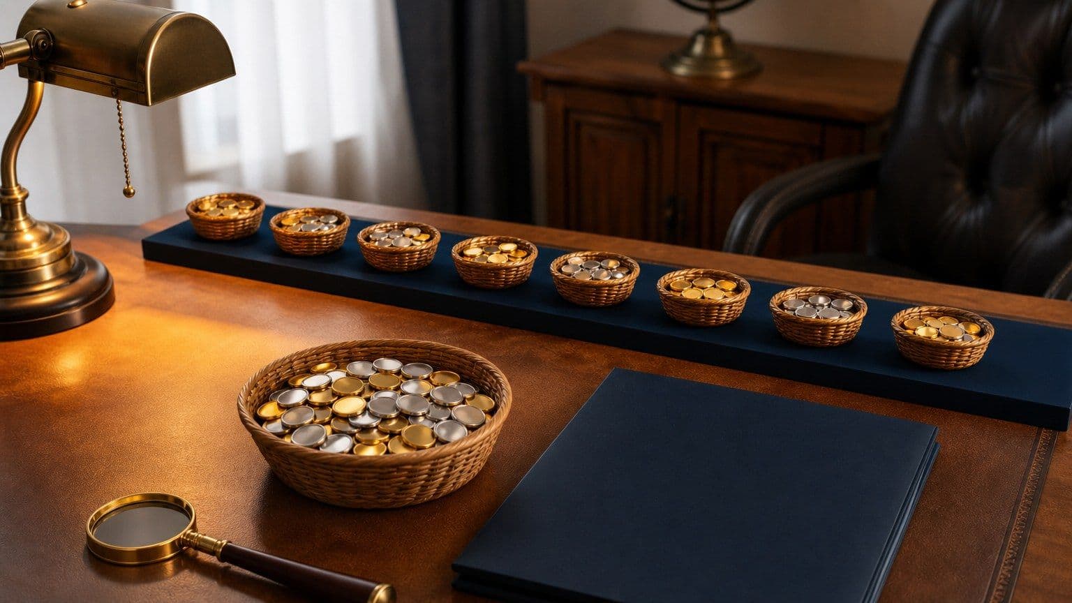 Cestas de inversión con monedas sin marcas sobre una mesa, representando la diversificación de fondos indexados.