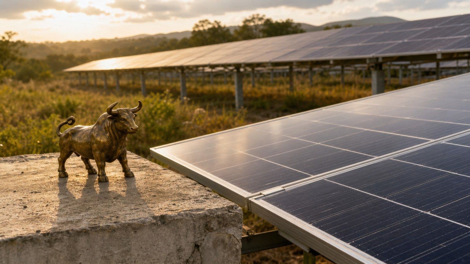 Paneles fotovoltaicos de un parque solar junto a una figura de toro de latón al atardecer.