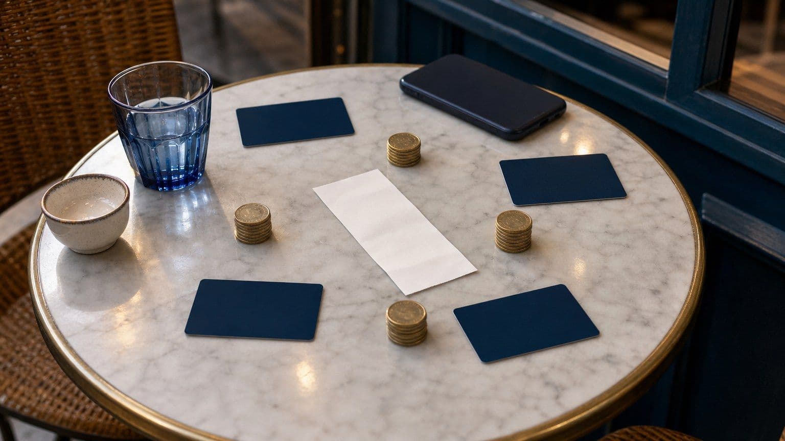 Mesa de cafetería con tarjetas bancarias en blanco y monedas repartidas para dividir un pago entre varias personas.