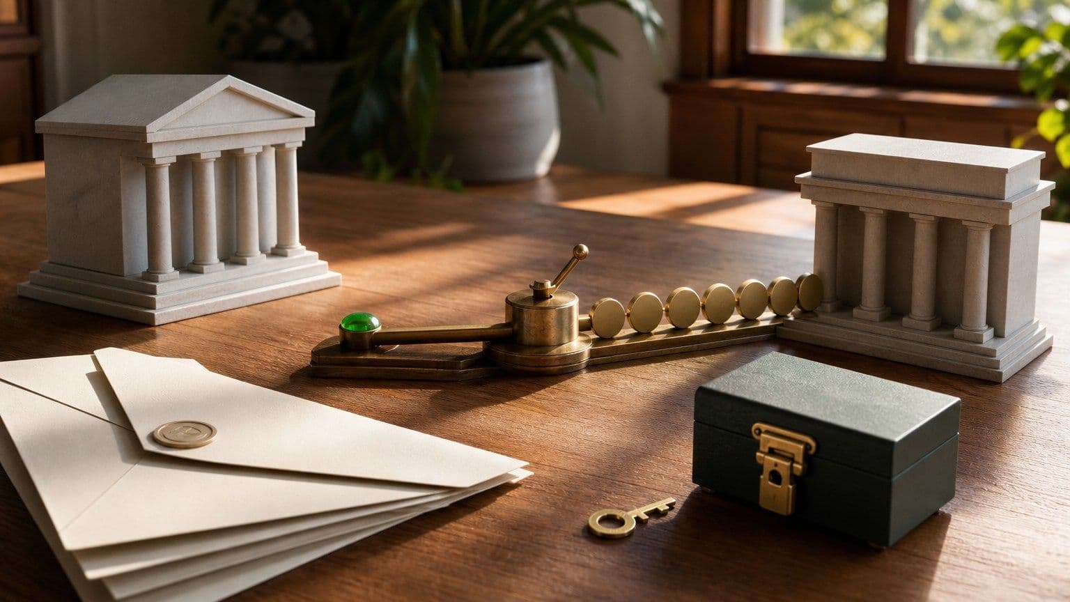 Dos maquetas de bancos conectadas por una ruta de transferencia junto a sobres, una llave y una caja de cuenta.