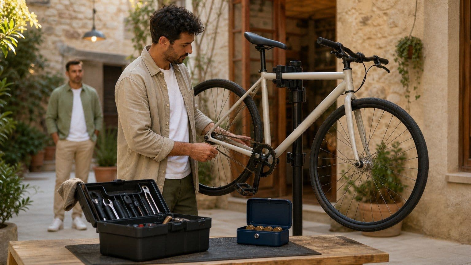 Una emprendedora valida un pequeño servicio de reparación de bicicletas con su primer cliente en un patio español.