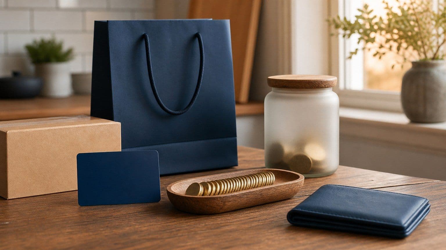 Tarjeta bancaria en una mesa con una bolsa de compra y monedas sin marcas que representan cashback.