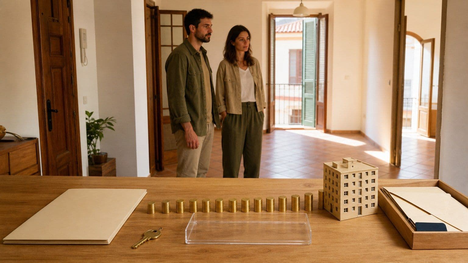 Pareja en un piso con una llave, una maqueta de vivienda, financiación hipotecaria y sobres de gastos separados.