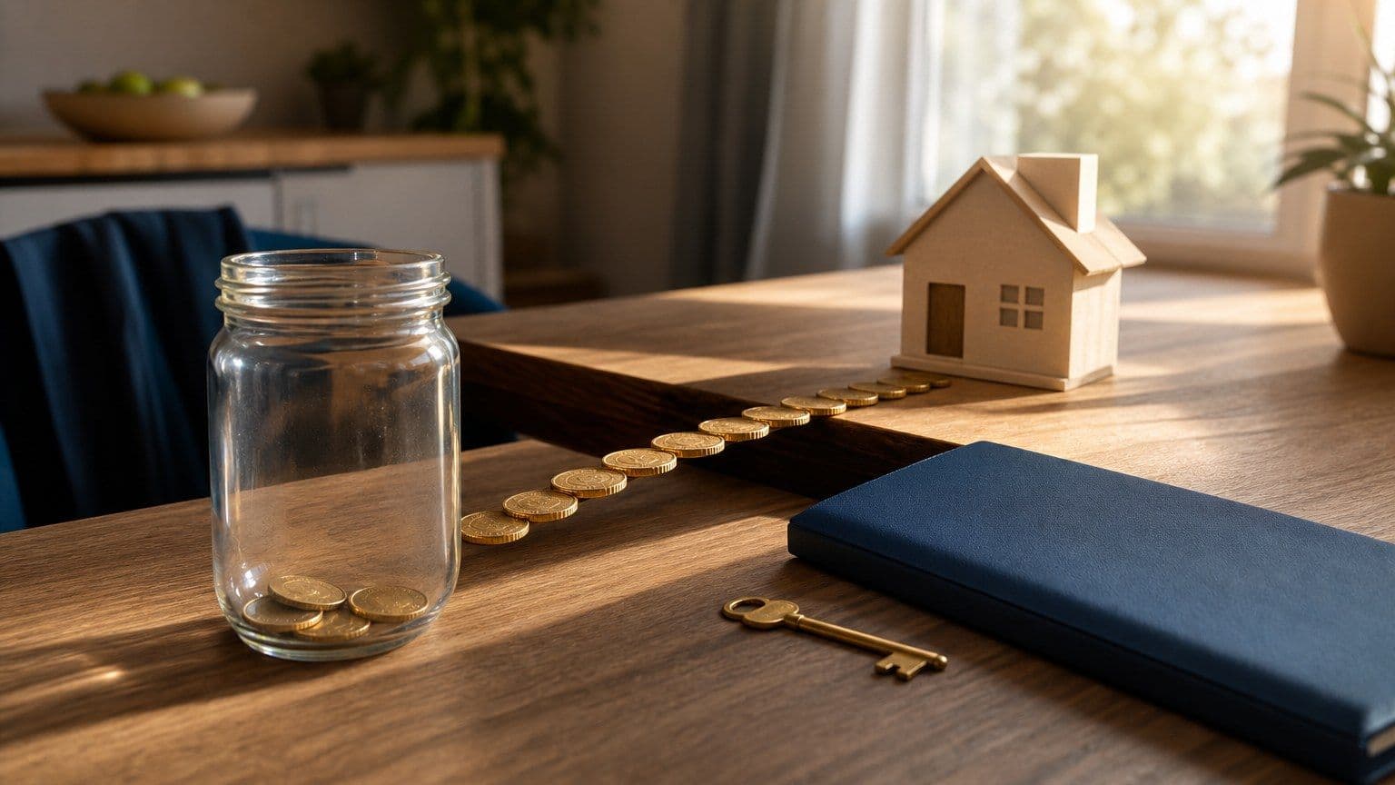 Mesa con una maqueta de vivienda, una carpeta hipotecaria y monedas que representan una hipoteca sin entrada.