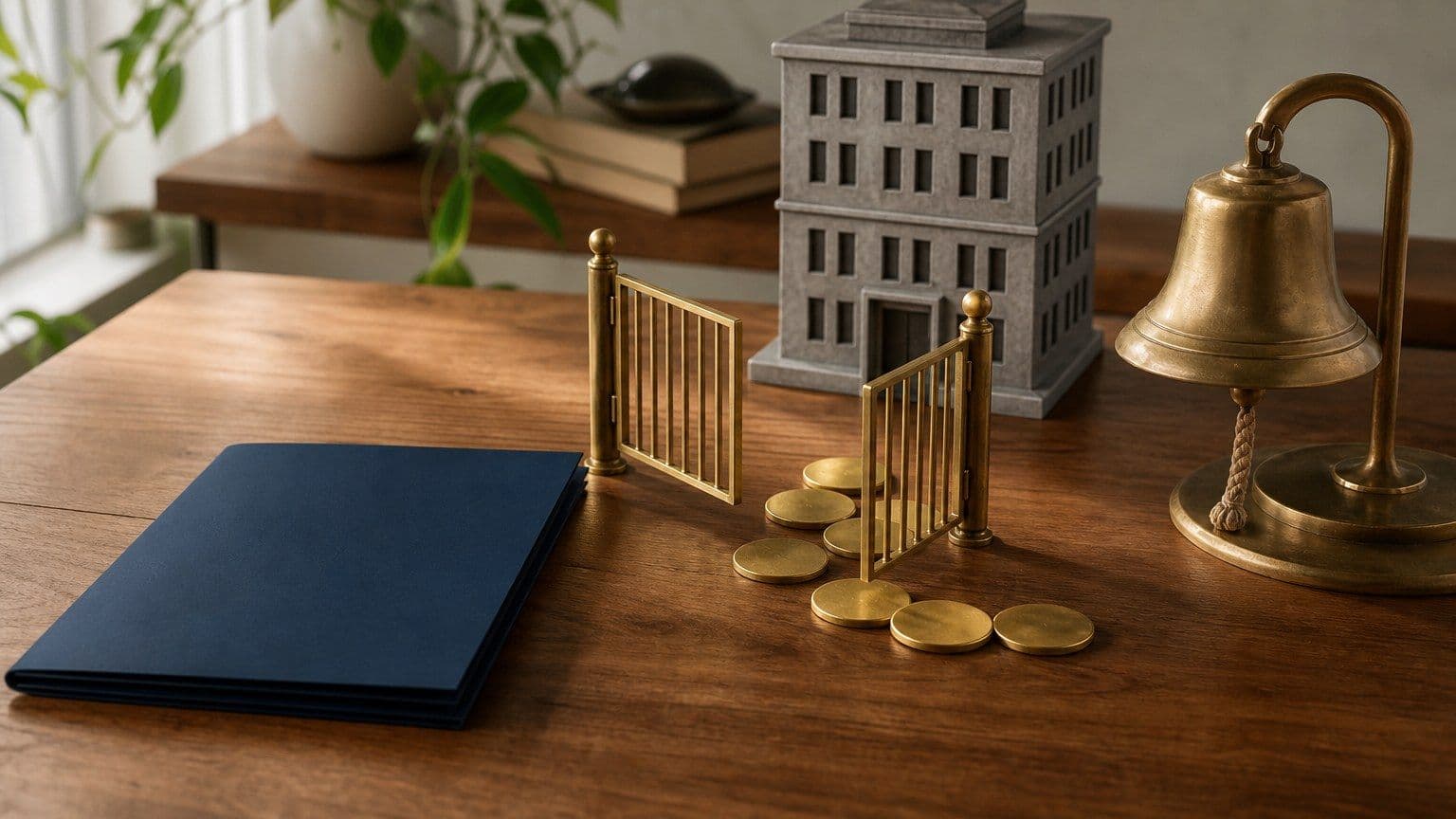 Maqueta de una empresa privada que cruza una puerta de cotización hacia el mercado bursátil.