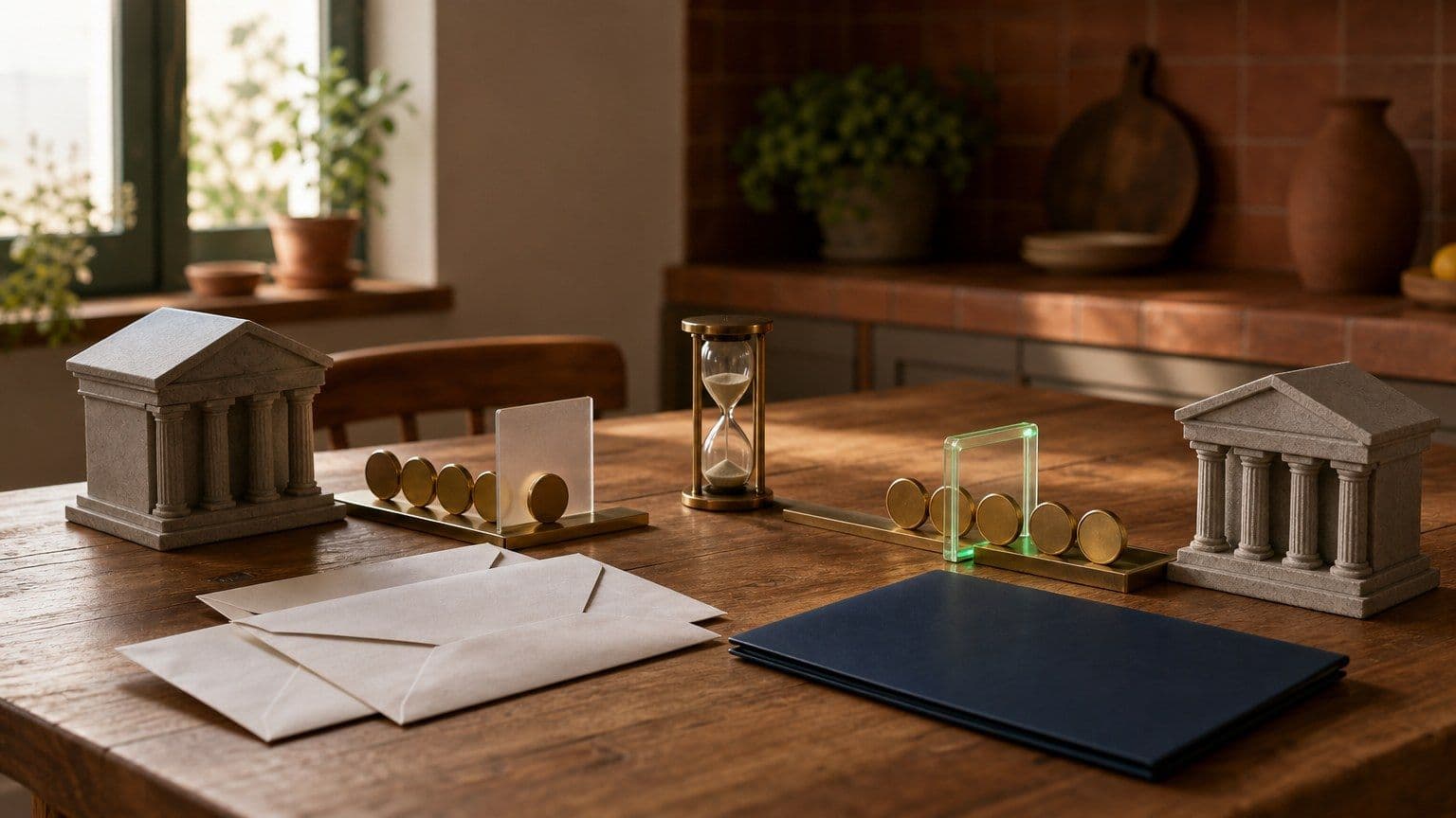 Dos modelos de banco sobre una mesa muestran el tiempo de una transferencia bancaria con monedas, sobres y un reloj de arena.