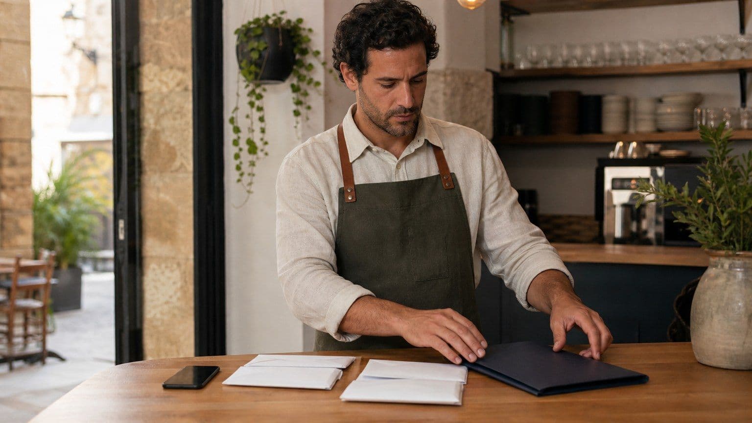 Persona en una cafetería española organizando sobres en blanco, una carpeta fiscal cerrada y un móvil boca abajo.