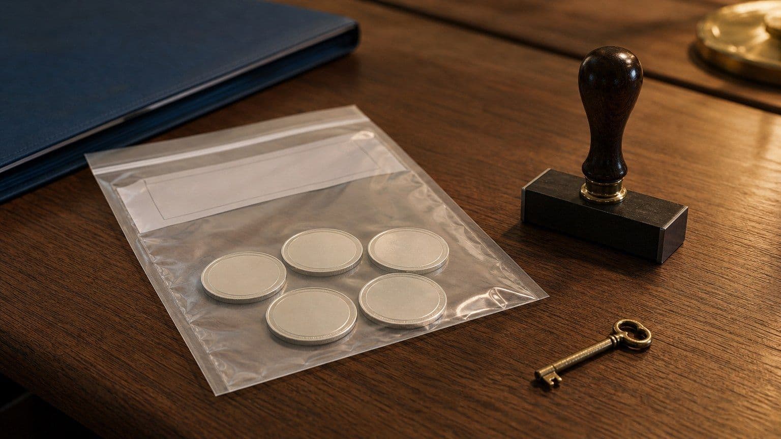 Criptoactivos sin texto dentro de una funda regulatoria junto a un sello y una llave sobre una mesa de madera.