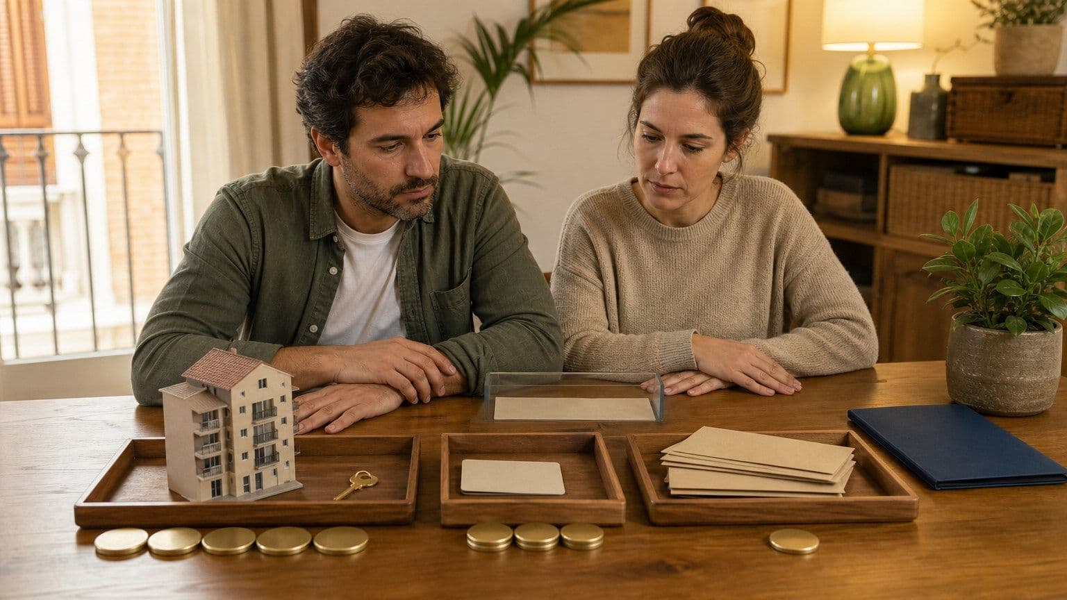 Una pareja revisa en casa distintas categorías de deuda familiar, con la vivienda como carga principal.
