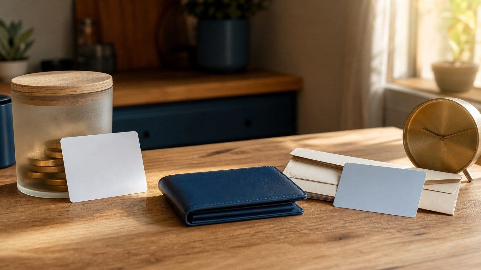 Dos tarjetas de pago en blanco sobre una mesa, separando el uso de débito y crédito.