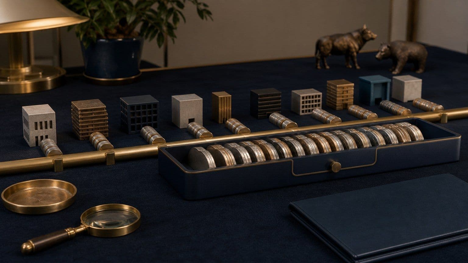 Mesa de inversión con una cartera indexada diversificada, fichas metálicas sin marcas y carpeta financiera en blanco.