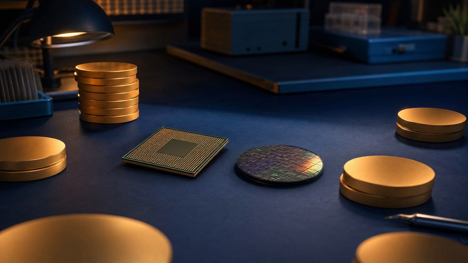 Procesador de silicio y oblea sobre una mesa de inversión con discos metálicos sin marcas.