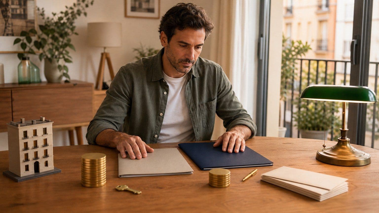 Persona revisando dos carpetas hipotecarias en una mesa con llaves y monedas para comparar un cambio de banco.