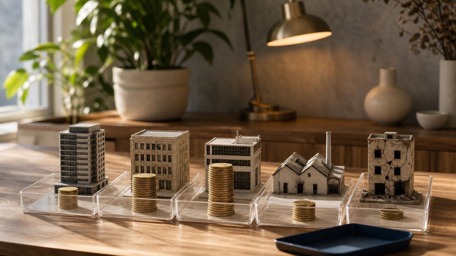 Mesa de análisis bursátil con modelos de empresas sólidas y frágiles en bandejas de valoración.
