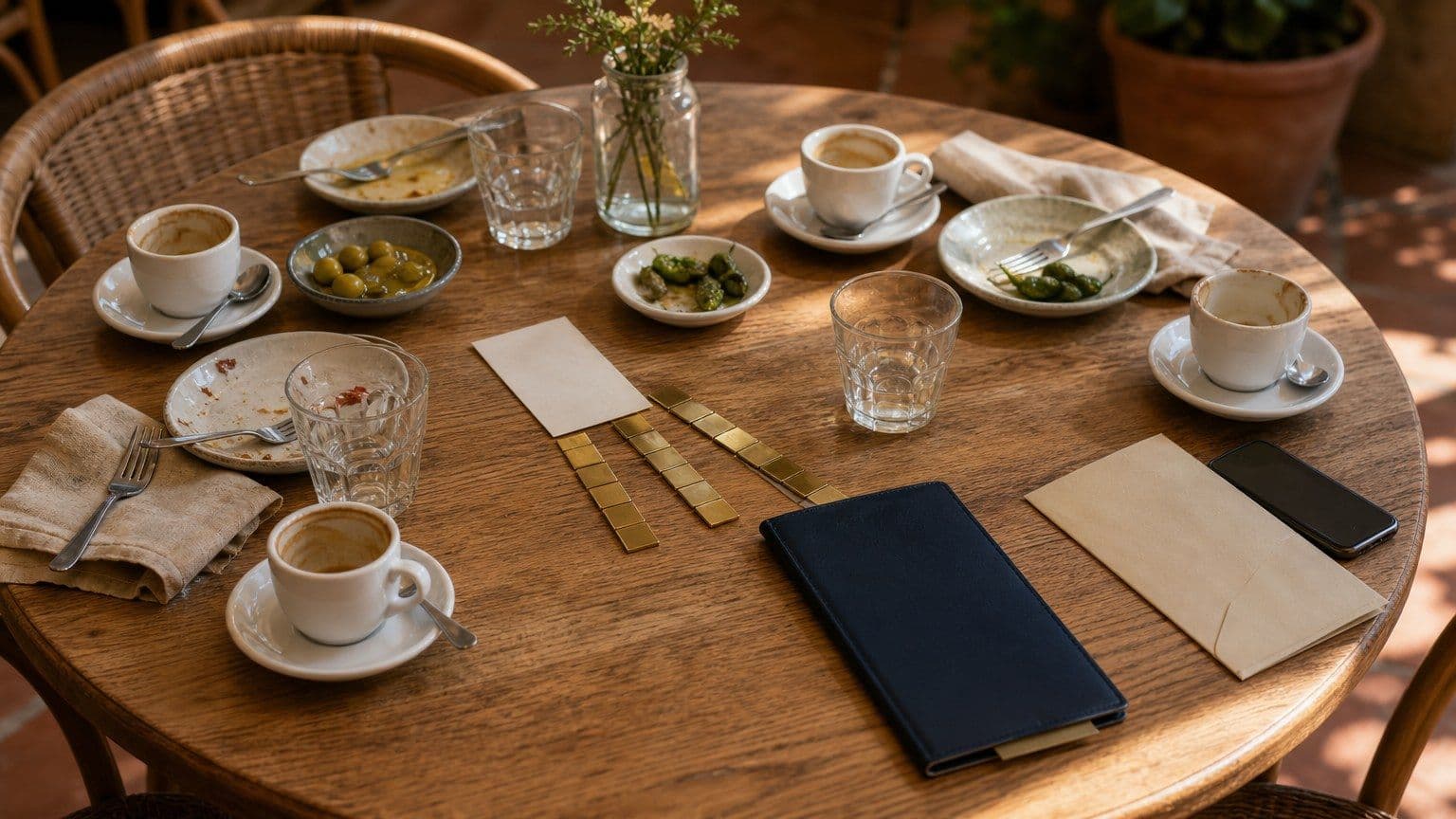 Mesa de café con tazas y platos vacíos, un móvil apagado, un sobre y una carpeta azul oscuro junto a fichas de pago alineadas.