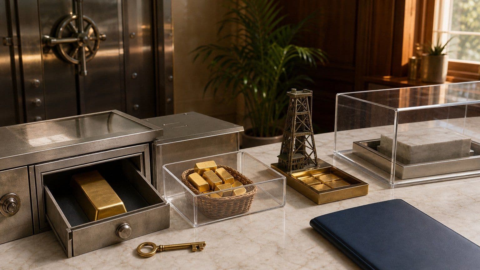 Lingotes de oro, una cesta de inversión y una maqueta minera junto a una caja de custodia abierta.