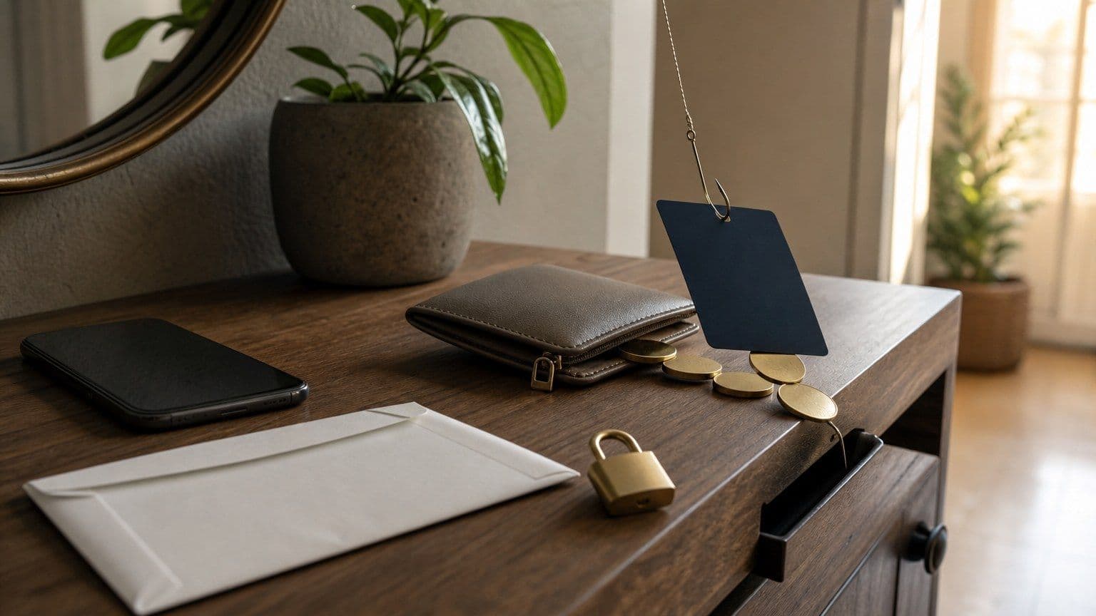 Mesa con móvil boca abajo, cartera, tarjeta de solicitud en blanco atrapada por un anzuelo y monedas sin marcas, como alerta de estafa por Bizum.